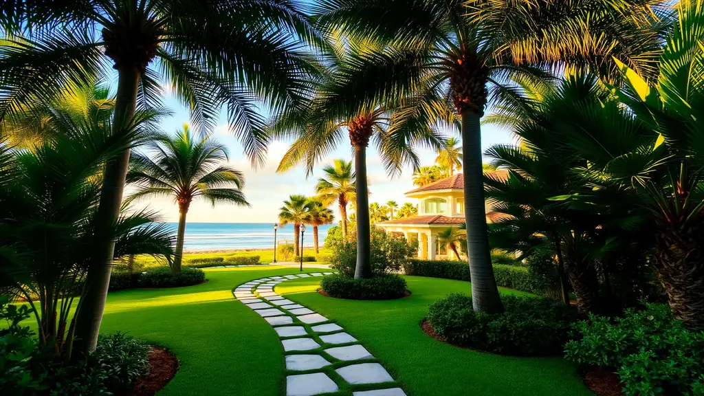 Landscape crew site with palms and manicured grounds
